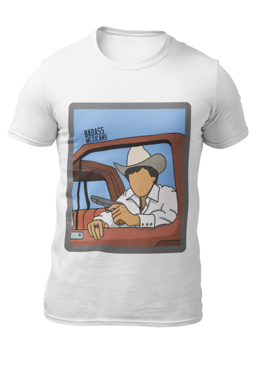 faceless corrido inspired white t-shirt with cowboy hat man sitting in truck illustration, regional mexicano style graphic tee for men