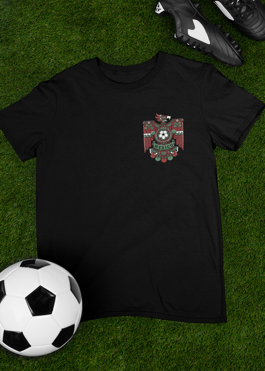 black front and back graphic t-shirt with mexica eagle inspired mexico futbol crest on front and oversized matching design on back