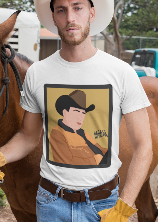 aceless regional mexicano inspired t-shirt with cowboy hat and golden jacket illustration, old-school banda style graphic white tee for men
