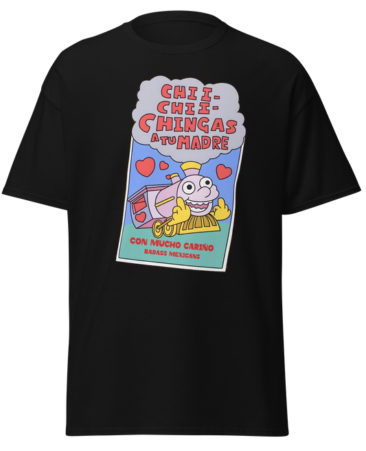 black unisex t-shirt featuring a colorful Valentine-style illustration with Spanish text that reads "Chingas a tu Madre" “Con Cariño,” designed as a humorous and playful Mexican-inspired message.