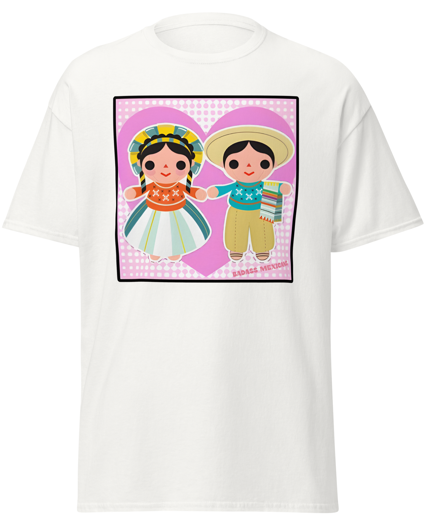 White UNISEX t-shirt featuring colorful Mexican folk art dolls inside heart-shaped designs, symbolizing love, culture, and togetherness.