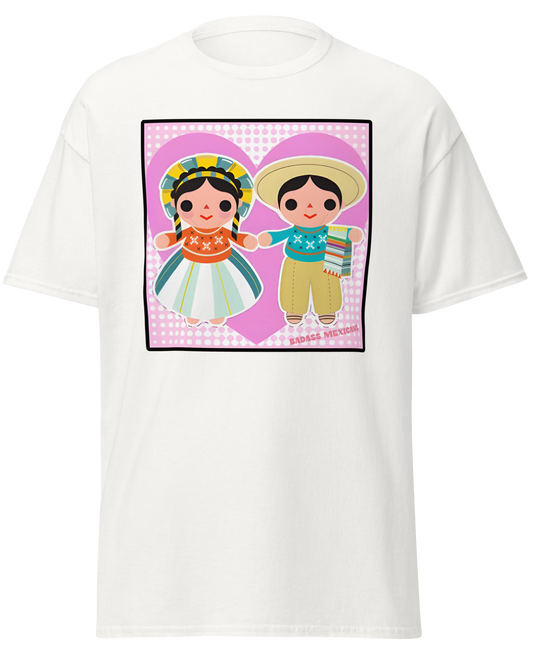 White UNISEX t-shirt featuring colorful Mexican folk art dolls inside heart-shaped designs, symbolizing love, culture, and togetherness.