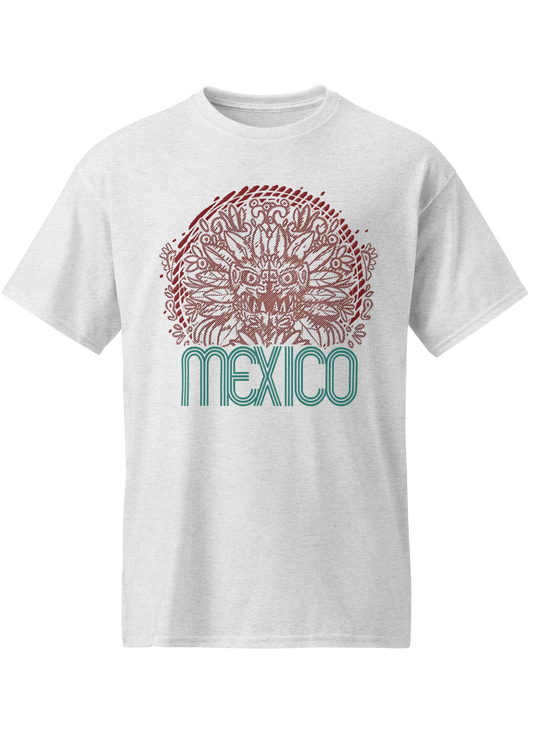 Ash graphic t-shirt with front print quetzalcoatl inspired mexican design and retro mexico typography