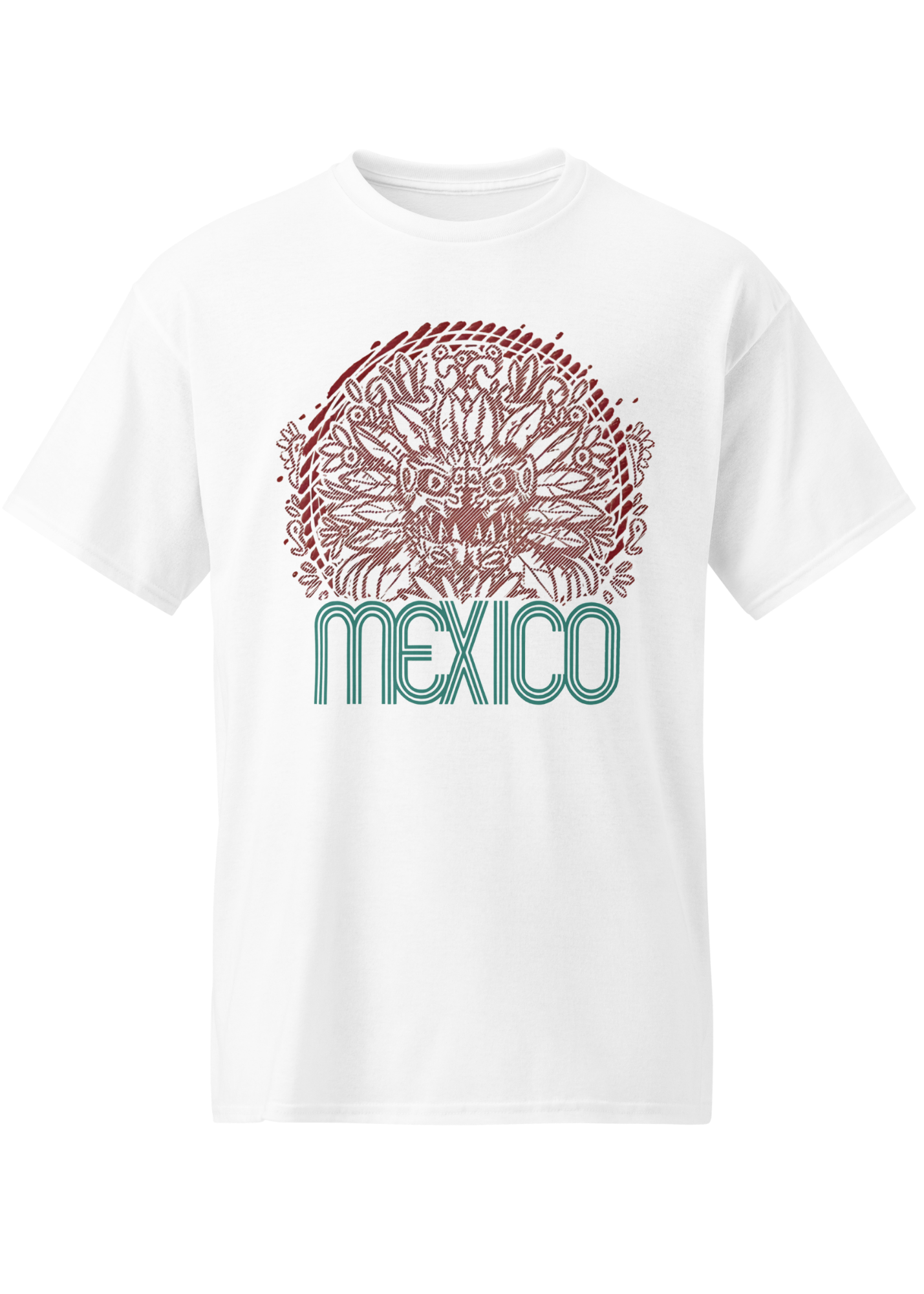white graphic t-shirt with front print quetzalcoatl inspired mexican design and retro mexico typography