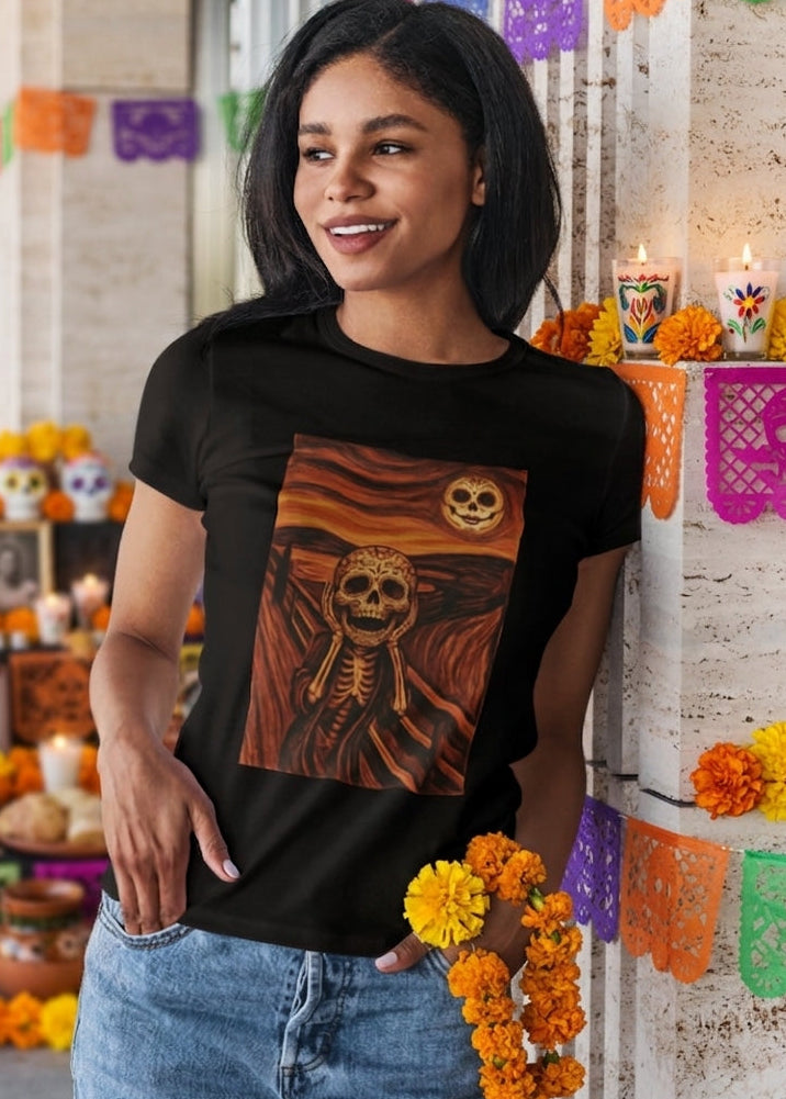 Black t-shirt with an artistic painting parodying Munch's The Scream featuring a sugar skull skeleton figure and moon.