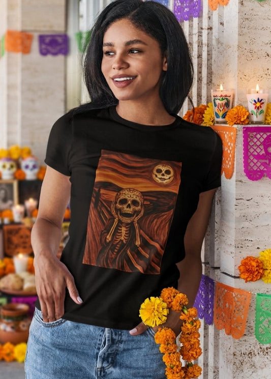 Black t-shirt with an artistic painting parodying Munch's The Scream featuring a sugar skull skeleton figure and moon.