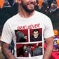 White t-shirt featuring a red "DRACULOVER" title above a 4-panel comic graphic of a vampire biting a woman wearing blue jeans.