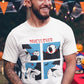 White t-shirt featuring a red "DRACULOVER" title above a 4-panel comic graphic of a cartoon vampire biting a lower back.