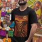 Black t-shirt with an artistic painting parodying Munch's The Scream featuring a sugar skull skeleton figure and moon.