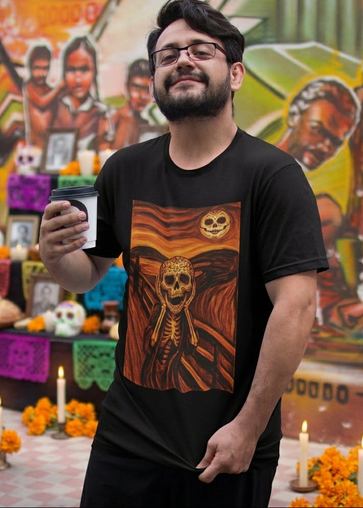 Black t-shirt with an artistic painting parodying Munch's The Scream featuring a sugar skull skeleton figure and moon.