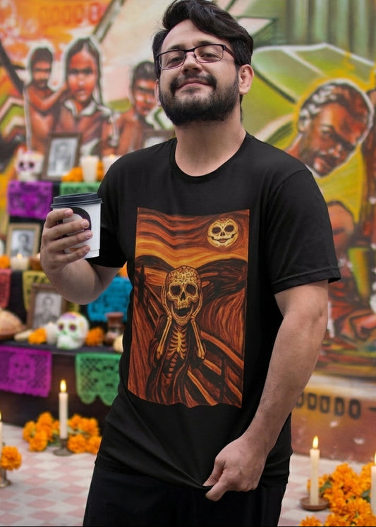 Black t-shirt with an artistic painting parodying Munch's The Scream featuring a sugar skull skeleton figure and moon.