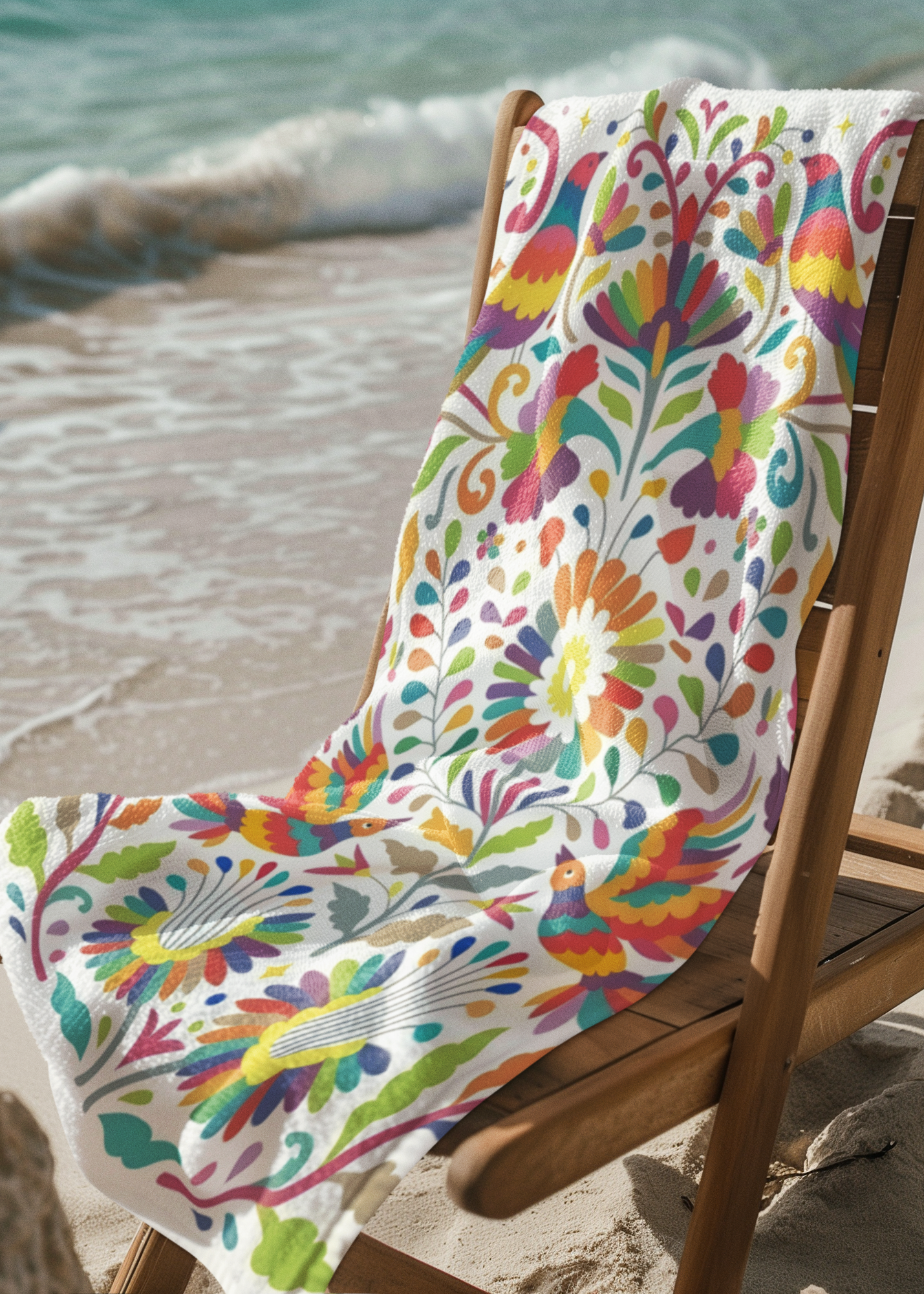tenango inspired beach towel with colorful birds flowers and mexican folk art style design in pink yellow orange and green