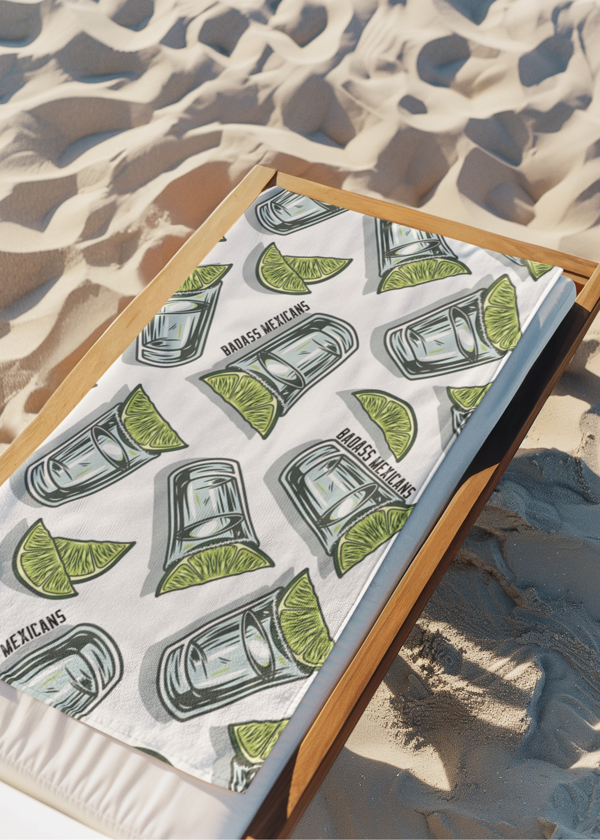 white beach towel with tequila shots lime and salt pattern, funny mexican summer towel for beach and pool days