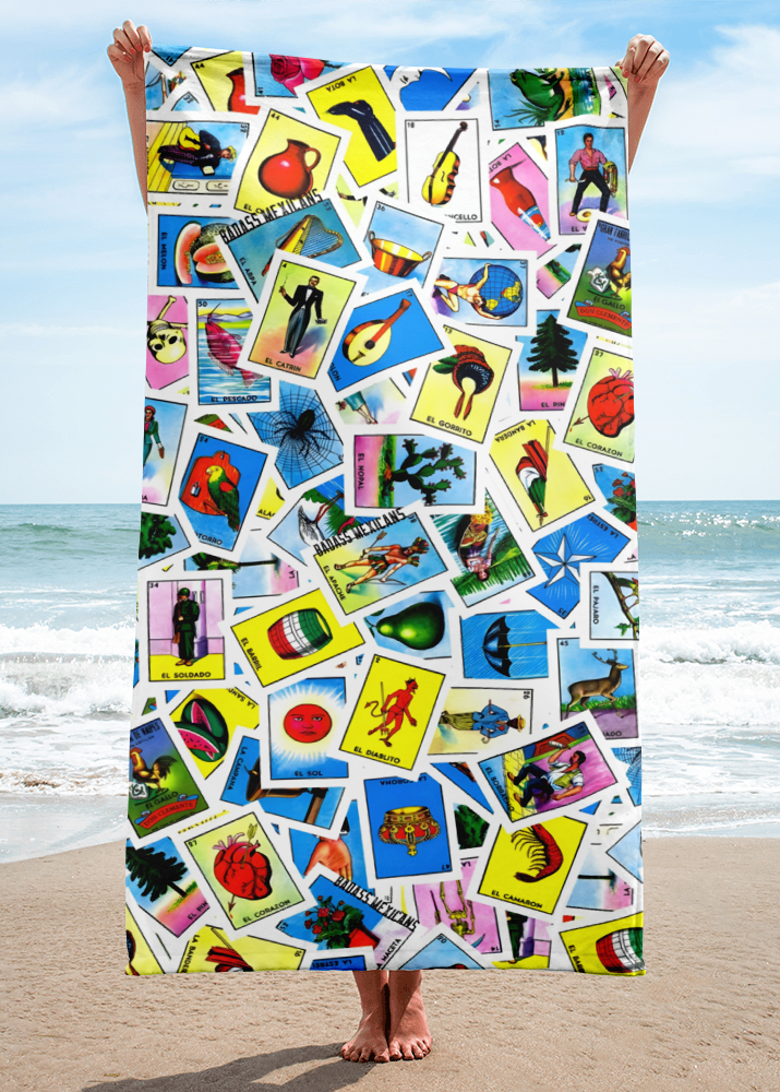 mexican loteria inspired beach towel with colorful collage of traditional card-style illustrations for summer pool and beach use