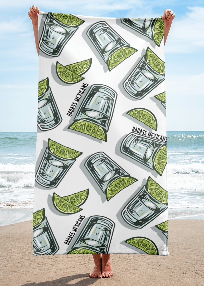 white beach towel with tequila shots lime and salt pattern, funny mexican summer towel for beach and pool days
