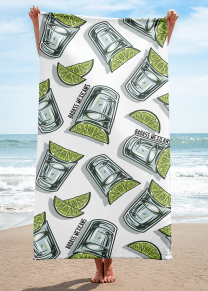 white beach towel with tequila shots lime and salt pattern, funny mexican summer towel for beach and pool days