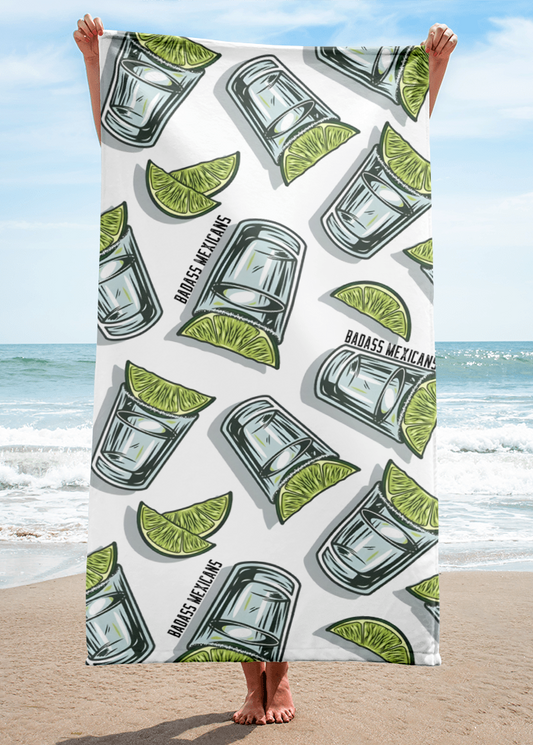 white beach towel with tequila shots lime and salt pattern, funny mexican summer towel for beach and pool days