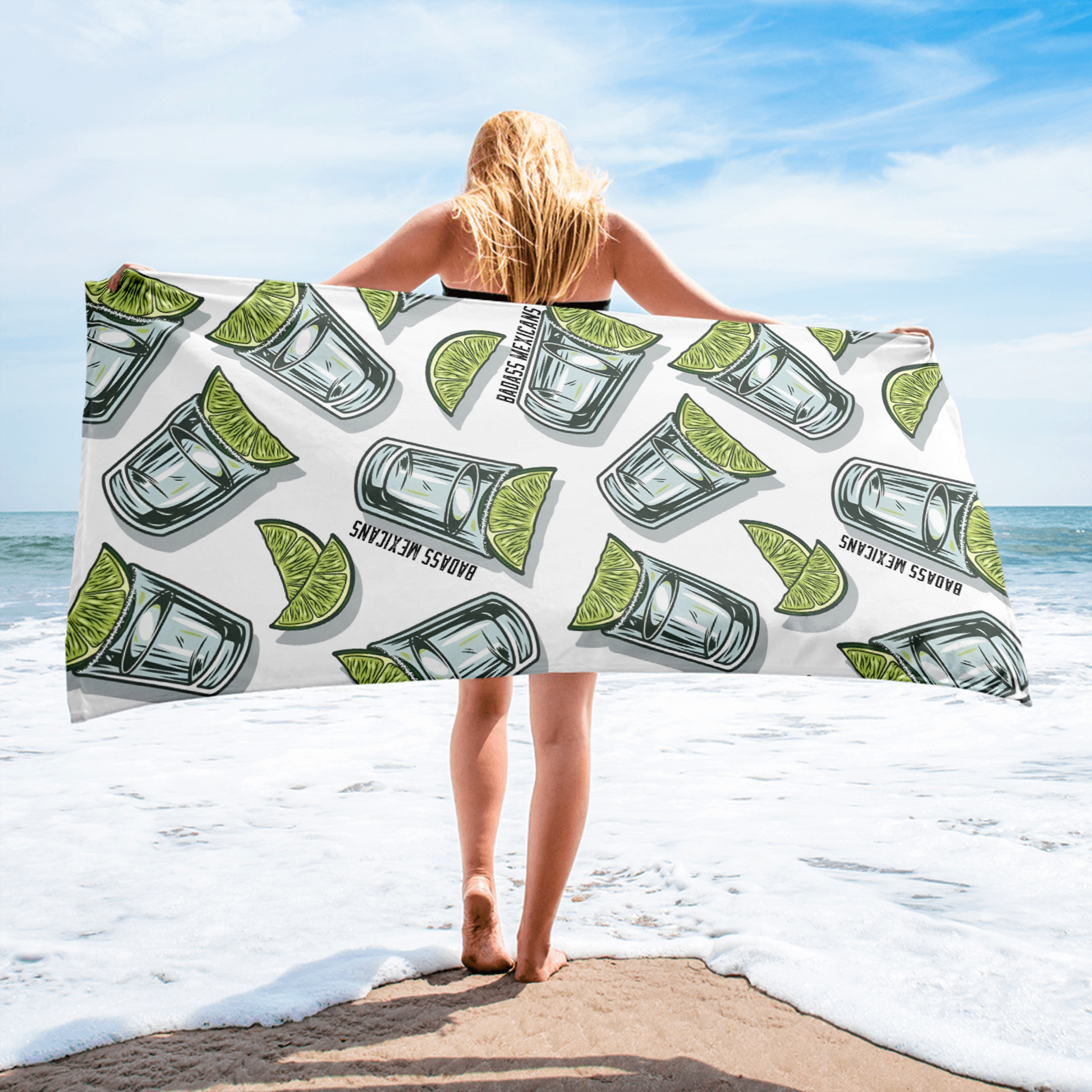 white beach towel with tequila shots lime and salt pattern, funny mexican summer towel for beach and pool days