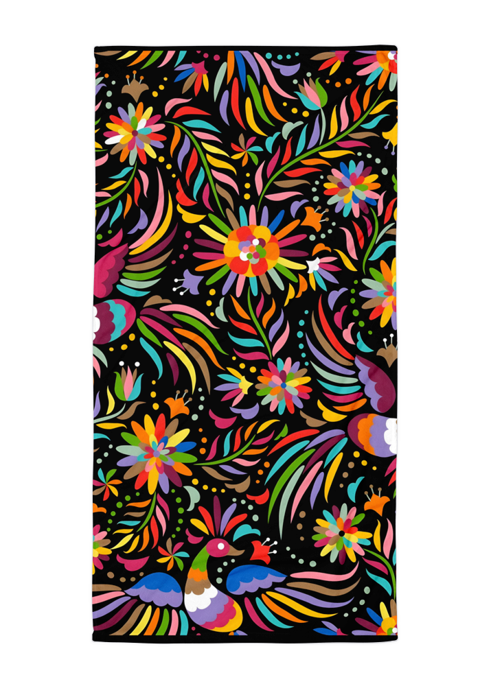 otomi inspired black beach towel with colorful birds flowers and mexican folk art style design on dark background