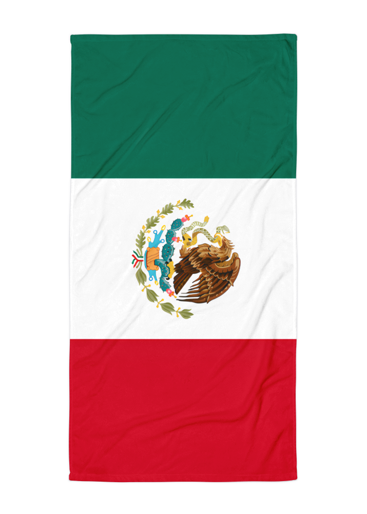mexico flag beach towel with green white and red tricolor design and mexican eagle emblem for summer beach and pool use
