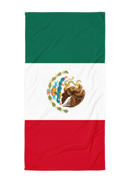 mexico flag beach towel with green white and red tricolor design and mexican eagle emblem for summer beach and pool use