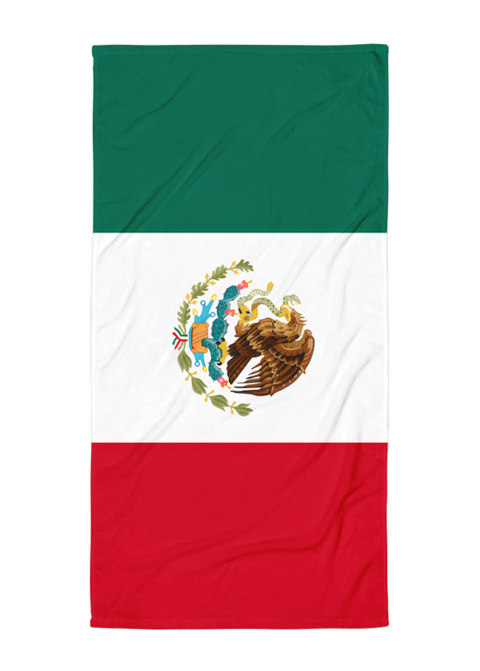 mexico flag beach towel with green white and red tricolor design and mexican eagle emblem for summer beach and pool use
