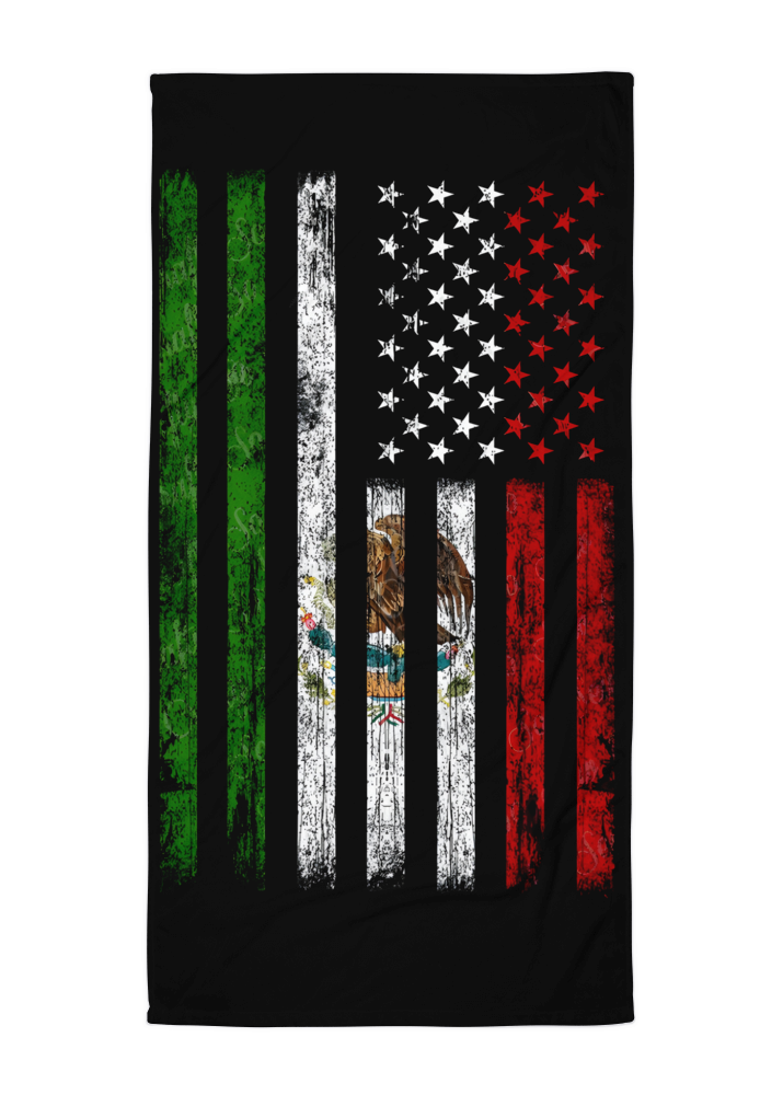black beach towel with distressed mexico and usa flag fusion design in green white red and american stars and stripes