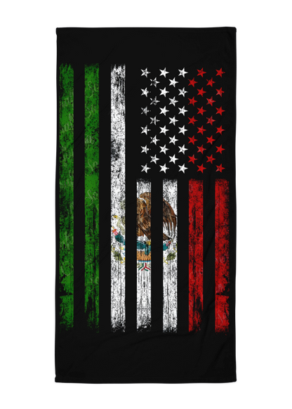 black beach towel with distressed mexico and usa flag fusion design in green white red and american stars and stripes