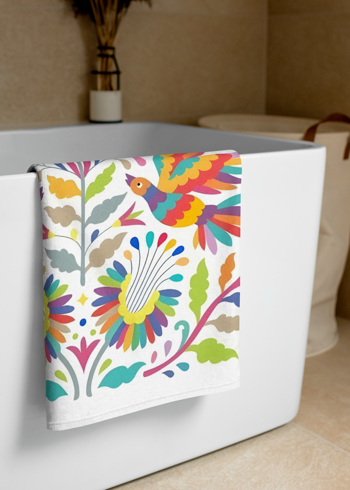 tenango inspired beach towel with colorful birds flowers and mexican folk art style design in pink yellow orange and green