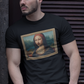 A man wearing a Black unisex t-shirt, featuring a parody artwork inspired by the Mona Lisa portrayed with a chola aesthetic, including hoop earrings, a headband, and visible tattoos, framed like a classical painting.