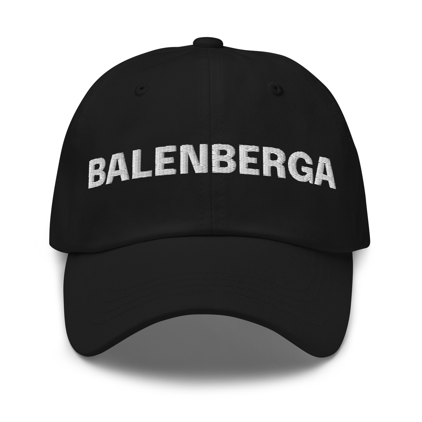 Black dad hat style cap, embroidered with the legend BALENBERGA