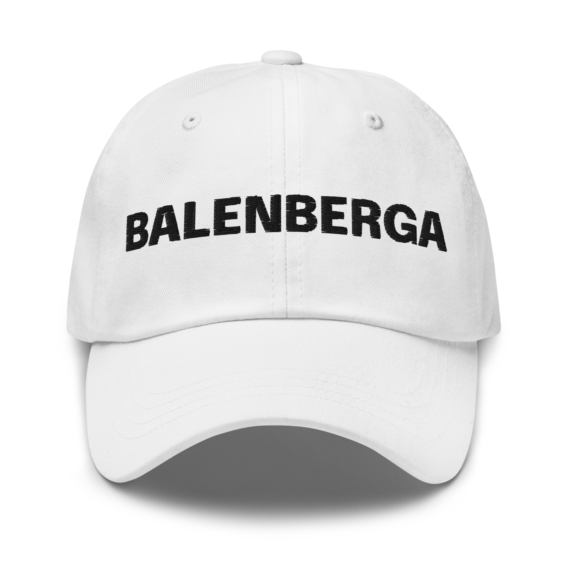 White dad hat style cap, embroidered with the legend BALENBERGA