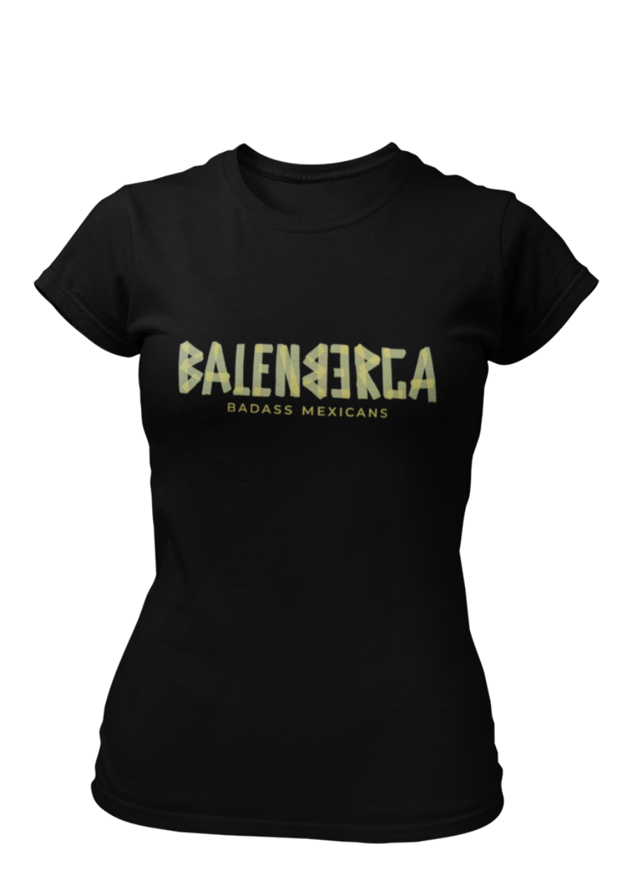 A black streetwear t-shirt showcasing the word "BALENBERGA" across the chest in a heavy, textured, geometric block font with alternating mirrored letters in an olive-beige tone. Underneath, "BADASS MEXICANS" is printed in a clean, sharp matching font.