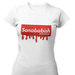 A white crew-neck t-shirt featuring a solid red rectangular box graphic on the chest. Inside the box, the word "Sanababish" is printed in a bold white, slanted font, with the words "BADASS MEXICANS" in smaller white letters beneath it. The bottom edge of the red box is styled to look like wet paint, with thick red droplets dripping down onto the fabric.