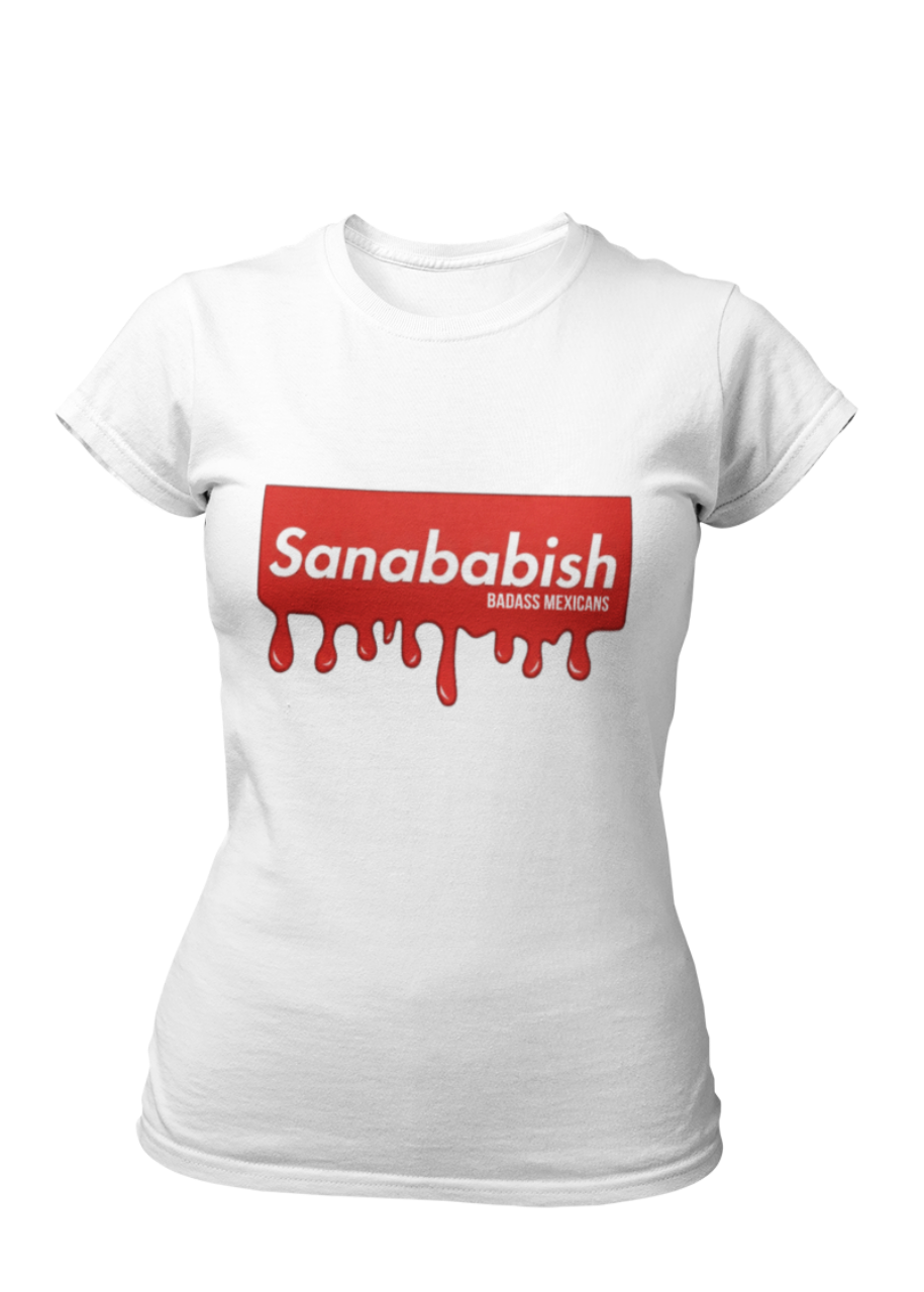 A white crew-neck t-shirt featuring a solid red rectangular box graphic on the chest. Inside the box, the word "Sanababish" is printed in a bold white, slanted font, with the words "BADASS MEXICANS" in smaller white letters beneath it. The bottom edge of the red box is styled to look like wet paint, with thick red droplets dripping down onto the fabric.