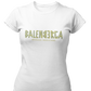 A white streetwear t-shirt showcasing the word "BALENBERGA" across the chest in a heavy, textured, geometric block font with alternating mirrored letters in an olive-beige tone. Underneath, "BADASS MEXICANS" is printed in a clean, sharp matching font.