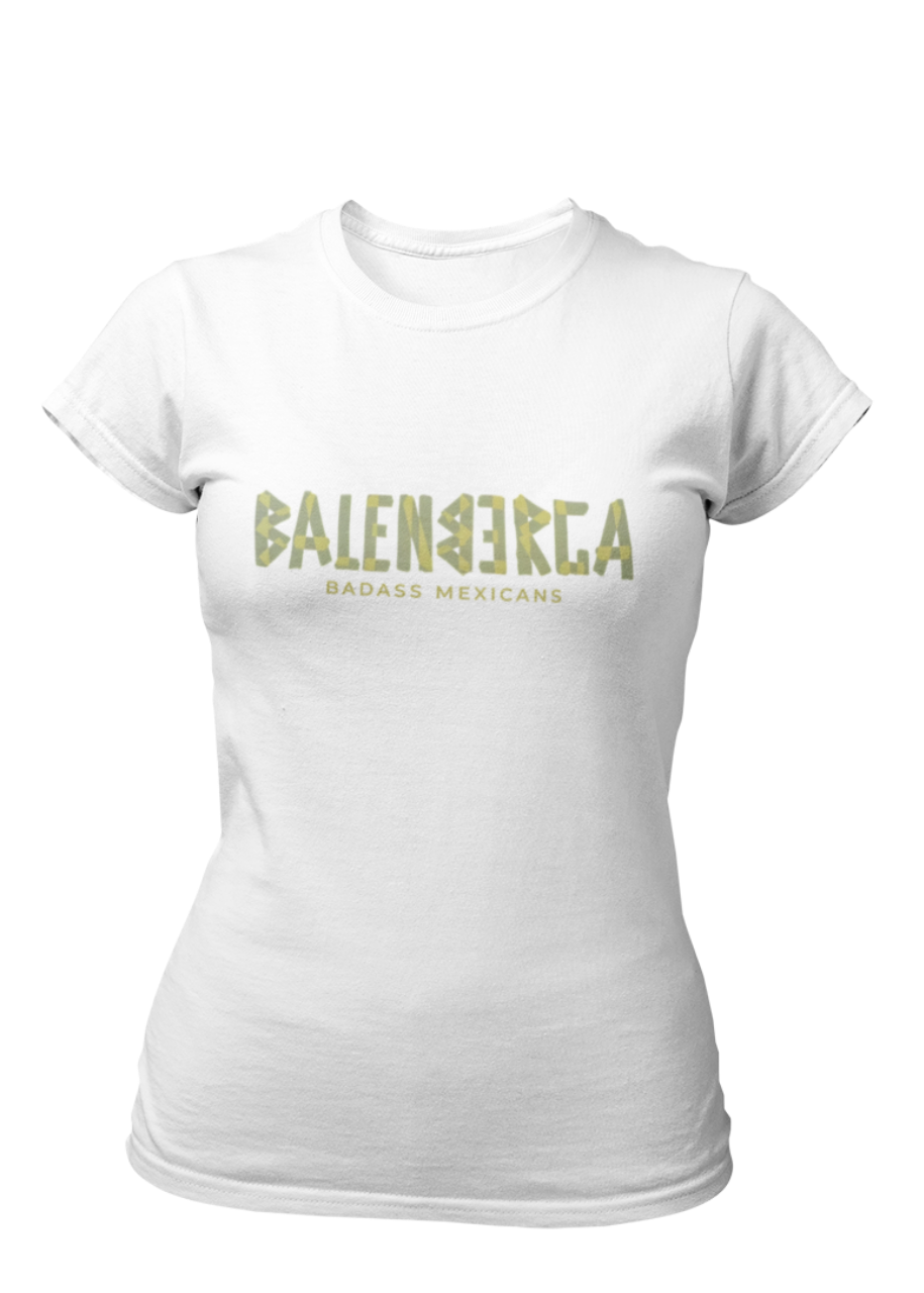 A white streetwear t-shirt showcasing the word "BALENBERGA" across the chest in a heavy, textured, geometric block font with alternating mirrored letters in an olive-beige tone. Underneath, "BADASS MEXICANS" is printed in a clean, sharp matching font.