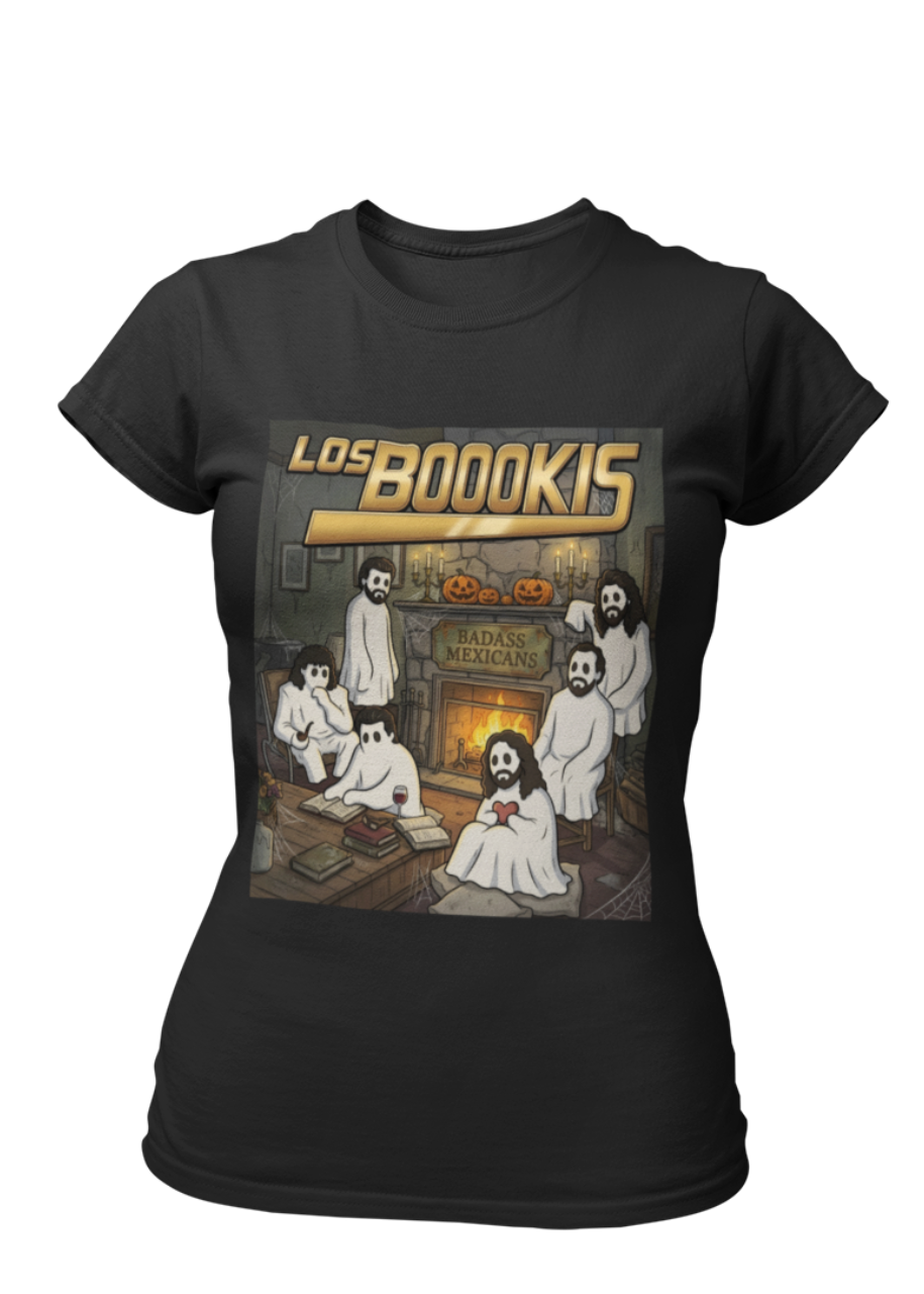 Black t-shirt featuring a spooky band parody with ghosts around a fireplace with text reading "LOS BOOOKIS".