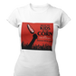 White crew-neck t-shirt featuring a red retro movie poster graphic with a hand holding a spiced corn on a stick above a cornfield silhouette.