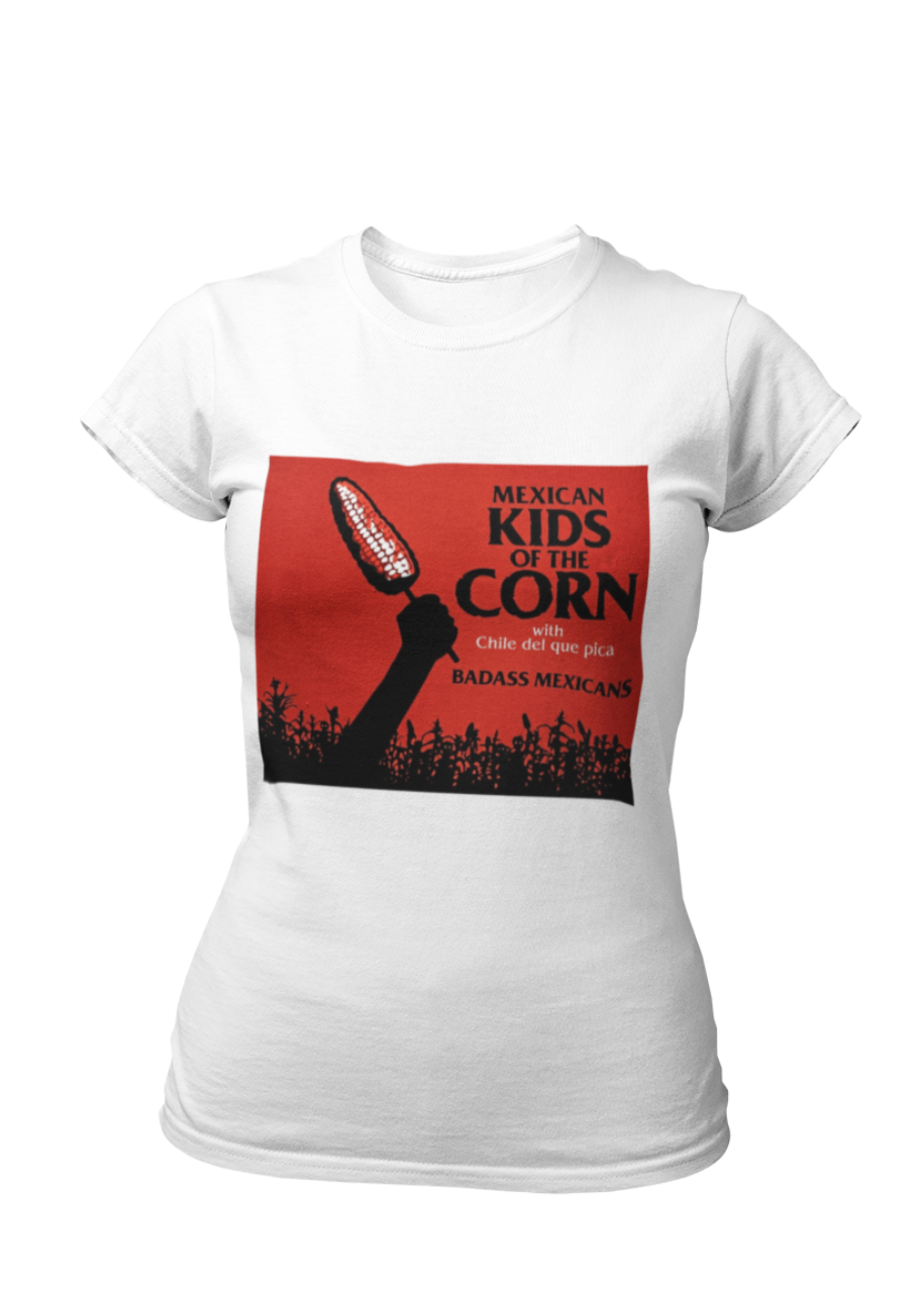 White crew-neck t-shirt featuring a red retro movie poster graphic with a hand holding a spiced corn on a stick above a cornfield silhouette.