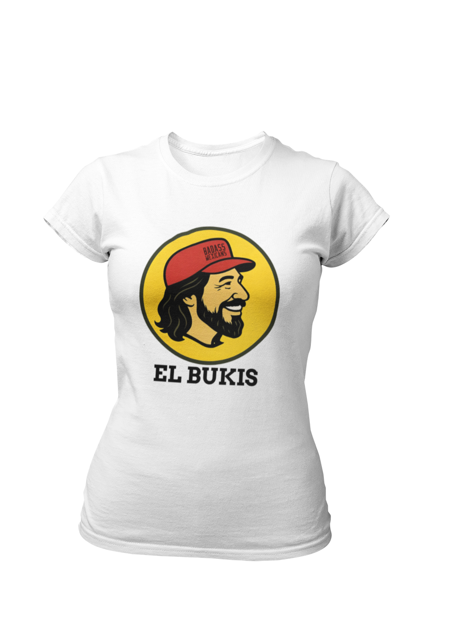 A caricature image of Mexican singer "El Buki," replacing the traditional beaver character on a stylized logo for a gas station.  all printed on a casual, short-sleeved t-shirt. The overall style is a fun, graphic illustration parody.