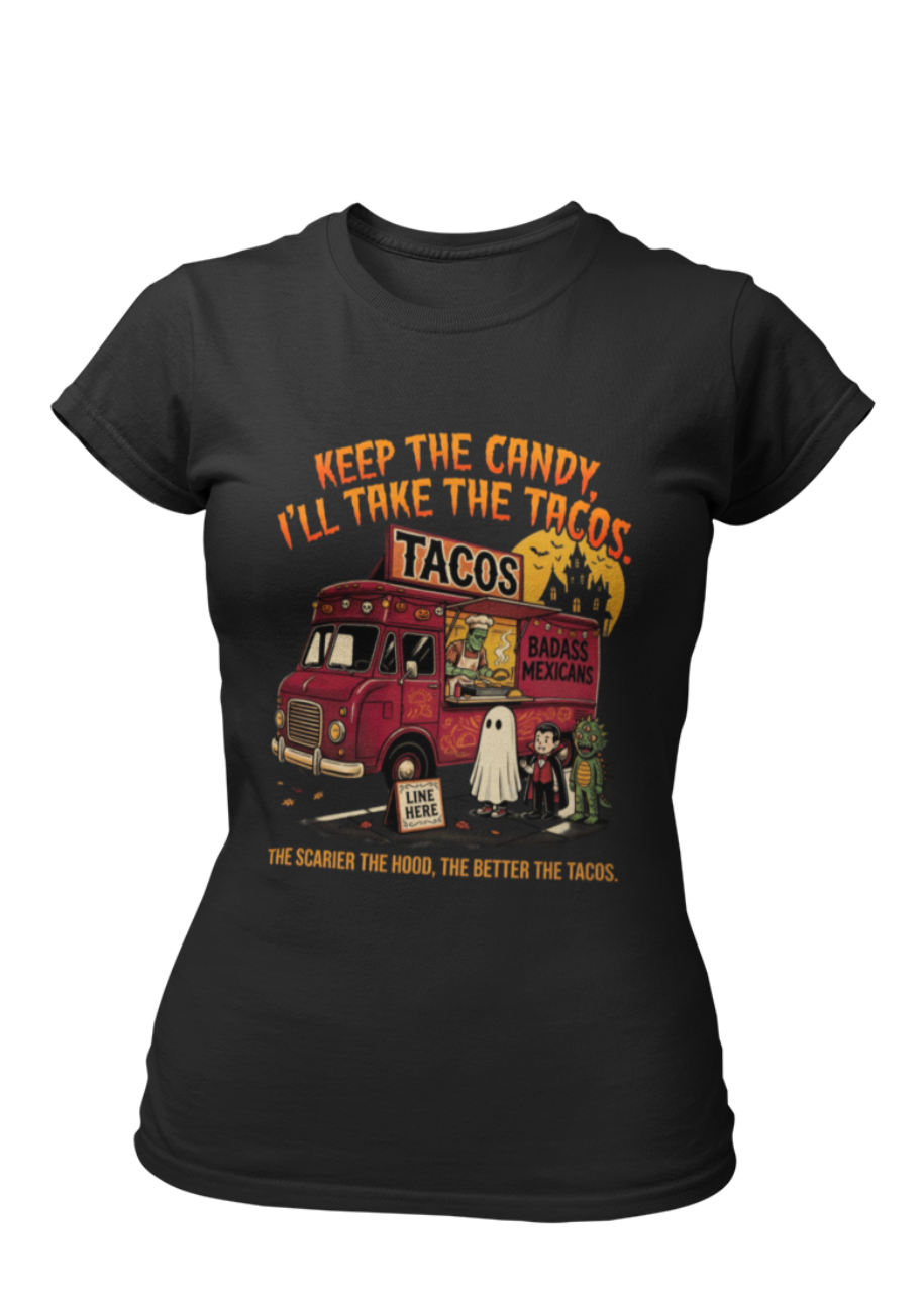 Black t-shirt featuring a spooky taco truck graphic with monsters in line under the text "Keep the candy I'll take the tacos".