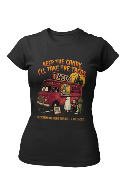 Black t-shirt featuring a spooky taco truck graphic with monsters in line under the text "Keep the candy I'll take the tacos".