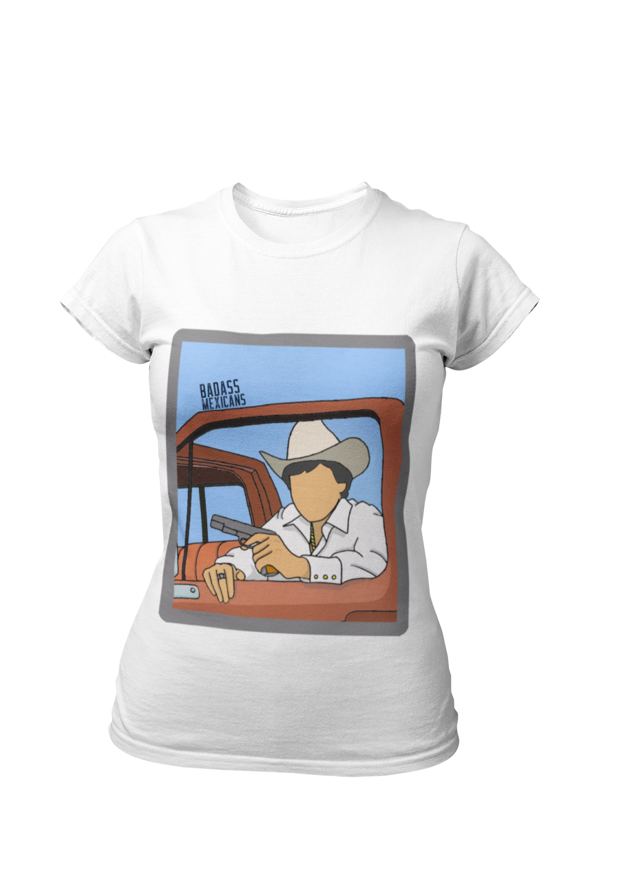 faceless corrido inspired white t-shirt with cowboy hat man sitting in truck illustration, regional mexicano style graphic tee for women