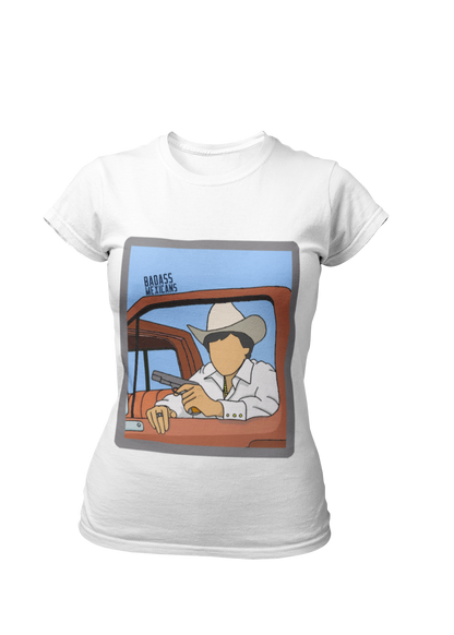 faceless corrido inspired white t-shirt with cowboy hat man sitting in truck illustration, regional mexicano style graphic tee for women