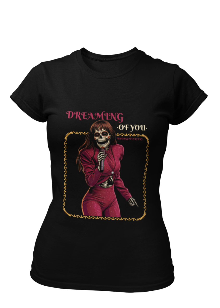 Black fitted women's t-shirt with a vintage graphic of a skeleton singer in a purple jumpsuit with the text "DREAMING OF YOU".