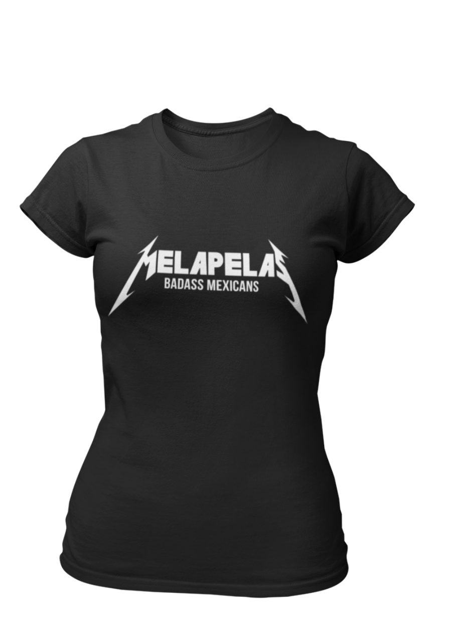 Black fitted women's crew-neck t-shirt with "MELAPELAS" printed in a sharp white heavy-metal lightning font and small white text underneath.