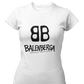 front view of a premium white graphic t-shirt. On the center of the chest, a large black logo features two "B" characters mirrored and interlocked back-to-back. Directly below the logo, the word "BALENBERGA" is printed in an edgy, stylized white paint-stroke font, with "BADASS MEXICANS" cleanly written underneath in a small, minimalist font.