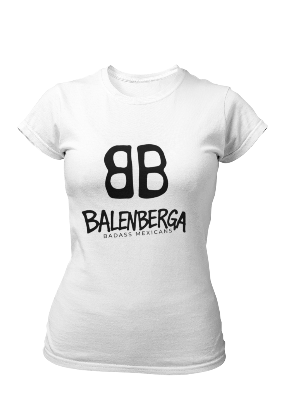 front view of a premium white graphic t-shirt. On the center of the chest, a large black logo features two "B" characters mirrored and interlocked back-to-back. Directly below the logo, the word "BALENBERGA" is printed in an edgy, stylized white paint-stroke font, with "BADASS MEXICANS" cleanly written underneath in a small, minimalist font.