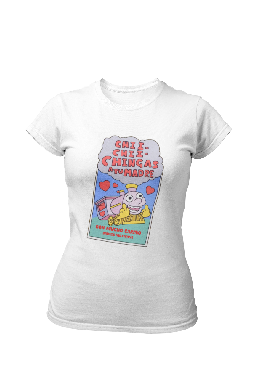 white t-shirt featuring a colorful Valentine-style illustration with Spanish text that reads "Chingas a tu Madre" “Con Cariño,” designed as a humorous and playful Mexican-inspired message.